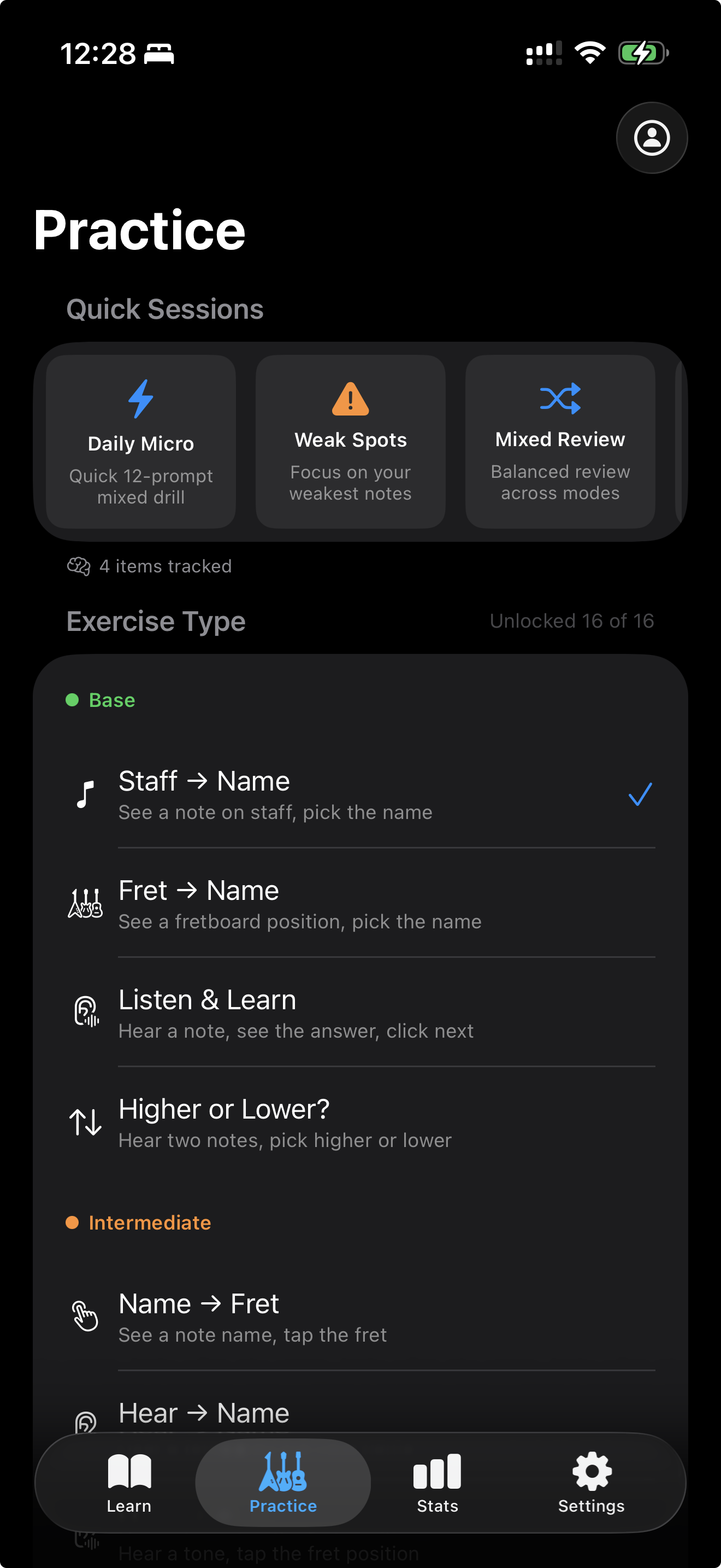 FretsNotes practice on iPhone